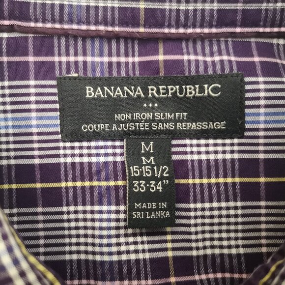 Banana Republic Men's Size Medium No Iron Slim Fit Purple White Blue Plaid Shirt - Picture 3 of 10